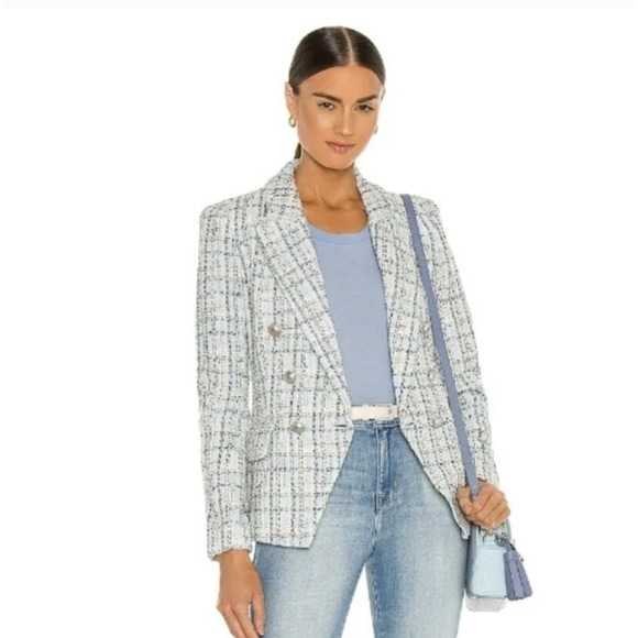 NWT L'AGENCE Kenzie Double Breasted Blazer 2 Blue Tweed Academia Office Career - Picture 5 of 8